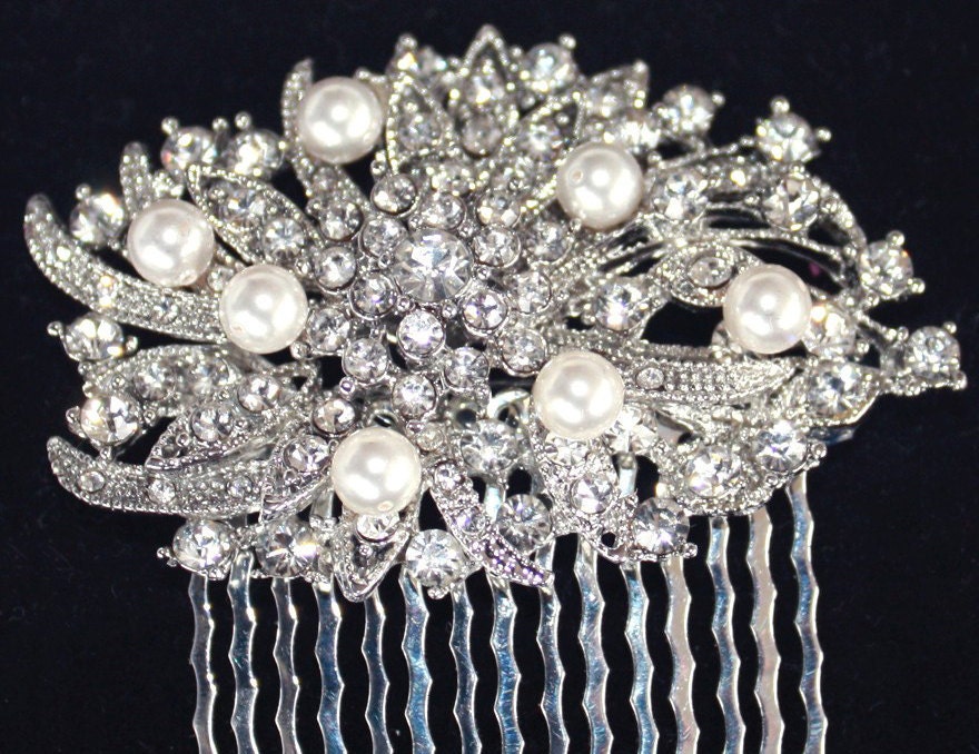 Rhinestone Hair comb,  Victorian bridal rhinestone hair comb  Swarovski Crystal Pearls - Elizabeth