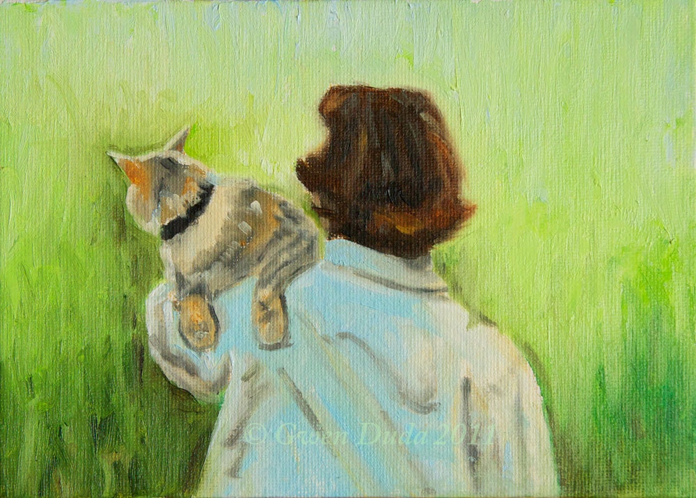 Small Oil Painting Woman and Cat Green Summer Blue Brown White A Painting A Day Challenge