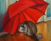 Red Umbrella Cat Print Reproduction Red Umbrella Realism Maine Coon Cat Red Gold Brown Blue White