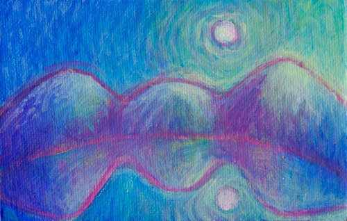 Small Semi Abstract Blue Purple Green Mountain Moon WaterLandscape