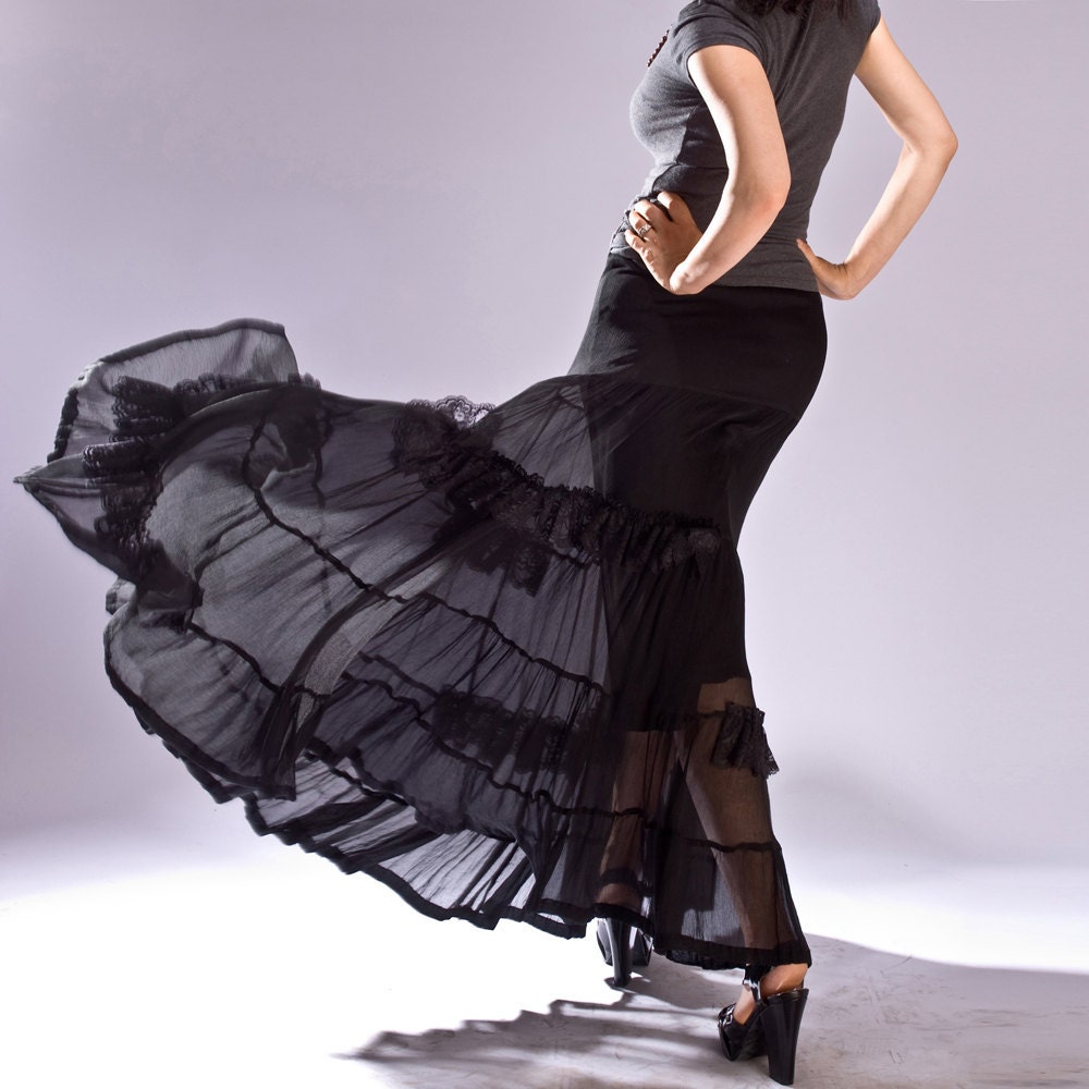 Black skirt lace ruffles /day /evening/maxi/skirts/silk skirts/