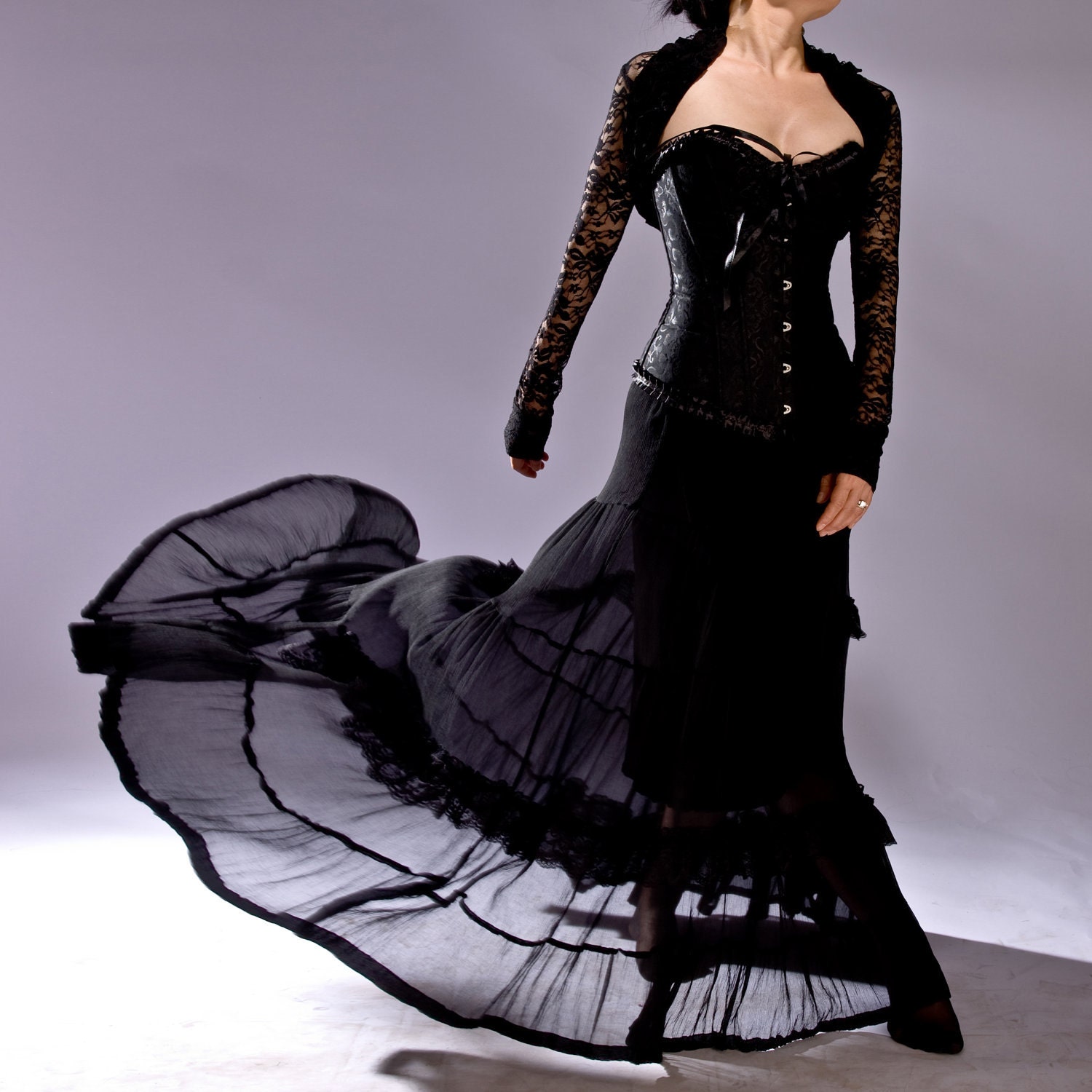Black  Ruffled Victoria Lace Shrug/women/sweaters/ RSL2-BK
