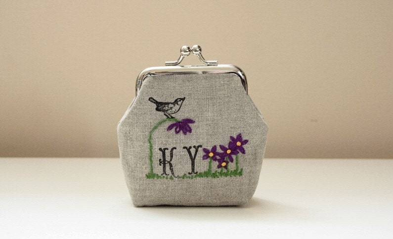 bird in the garden... hand embroidered and stamped mini clasp purse - choose your own initials