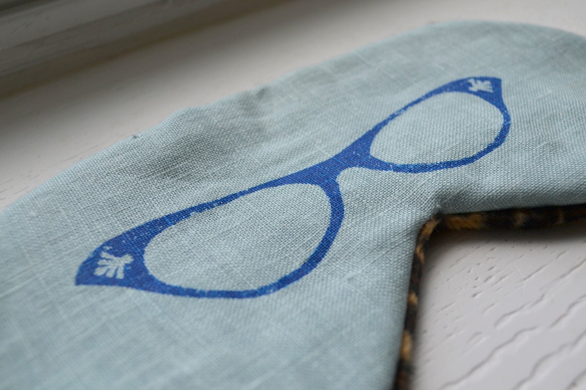 Sleeping Eye Mask - Cat-eye Glasses in Navy on Baby Blue - Ready to Ship