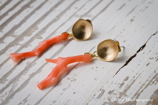 Bridesmaids Vintage Coral Branch Earrings on Gold Post - deeruel
