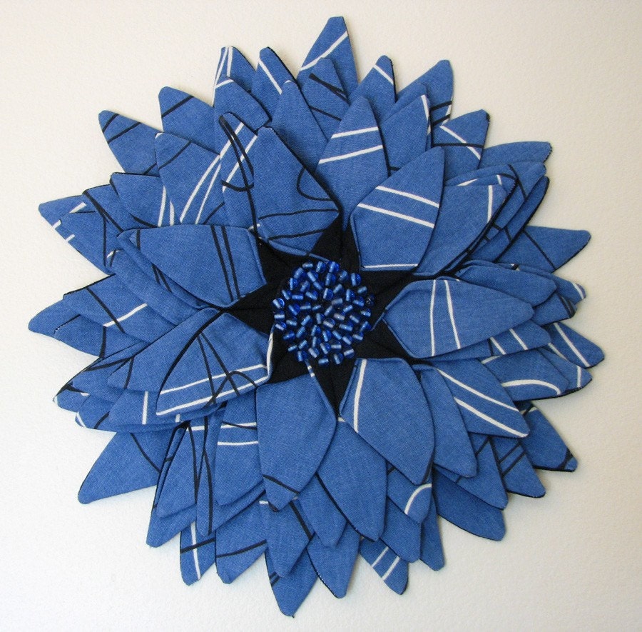 Wall Hanging - Cobalt Blue Fabric Fiber Art Textile Flower Wall Hanging