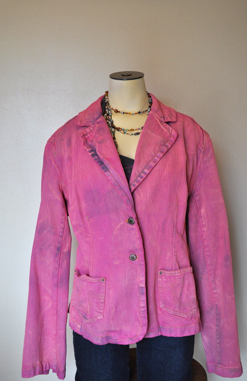 Colored Denim JACKET - Pretty in Pink Magenta Hand Dyed Upcycled CATO Denim Jacket - Size Medium (40" chest)