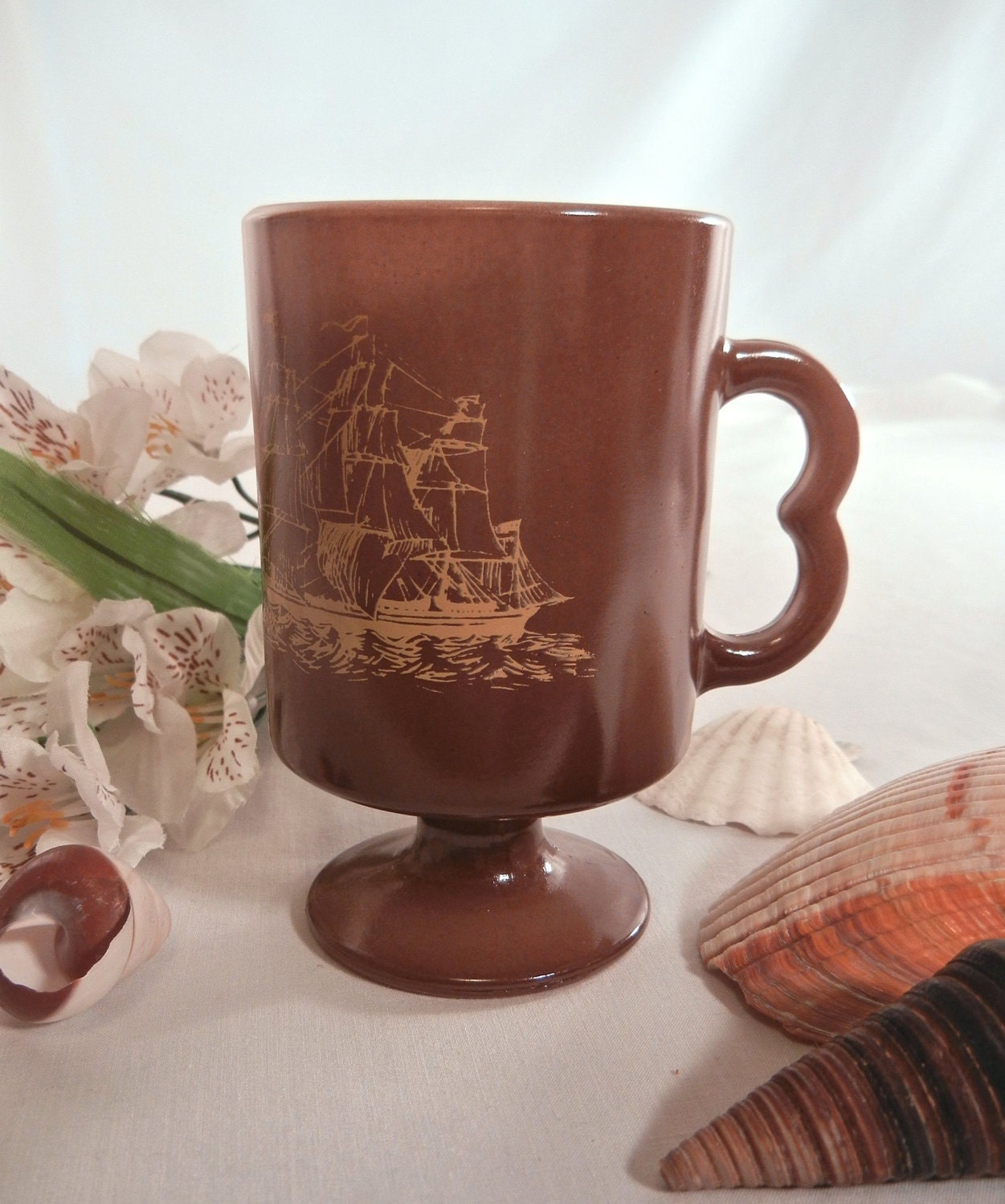 Nautical Ship Mug, Brown and Yellow B Handle Pedestal Shape, Federal Glass
