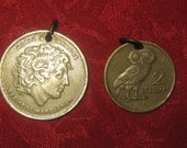 Authentic Vintage Greece Alexander The Great and Athena Owl Coin Pendants