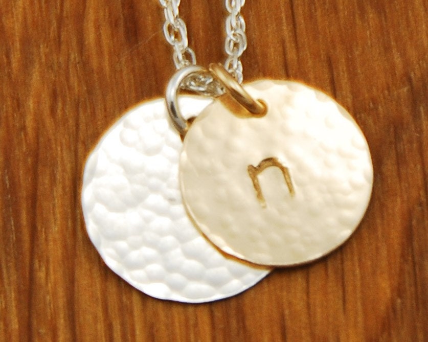 Gold Initial Necklace - Disc Charm Monogram Gold & Silver Custom Personalized Hammered Necklace