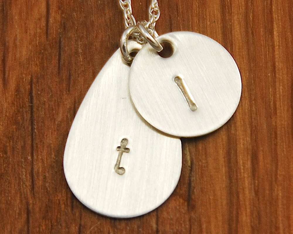 Silver Initial Charm Necklace - 2 Disc Custom Personalized Mom Mommy Charm Childrens Kids Names Teardrop Circle Pendant