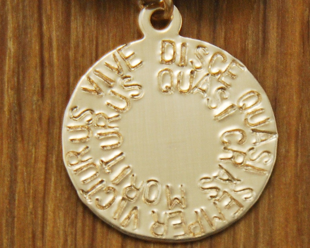 Inspirational Quote Jewelry - Inspiring Motivational Latin Affirmation Saying - Gold Disc Necklace Pendant