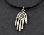 Spiral Spirit Hand Sterling Silver Necklace on Black Satin Cord