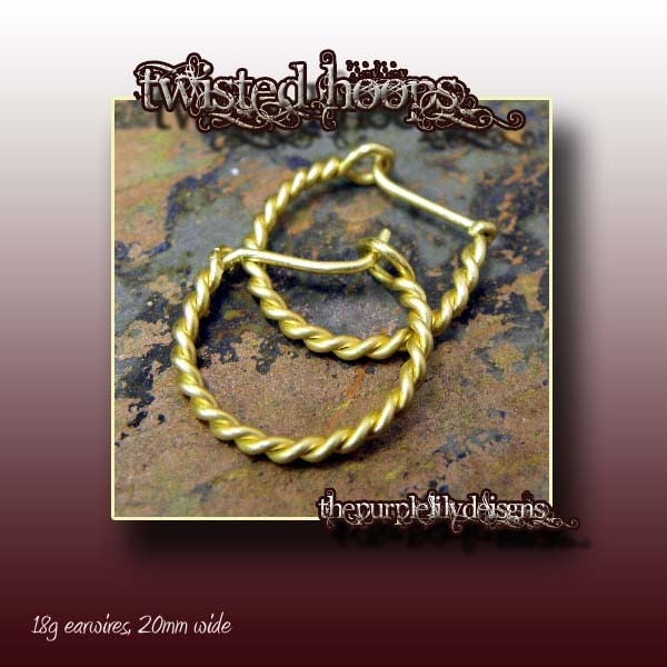 Twisted Hoops, in Brass, sml, 18g, ThePurpleLilyDesigns