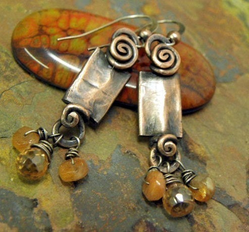 Sunstone and Champange Knockers, Antiqued Copper, Sterling Silver, Sunstone, and Faceted CZ brio earrings, ThePurpleLilyDesigns