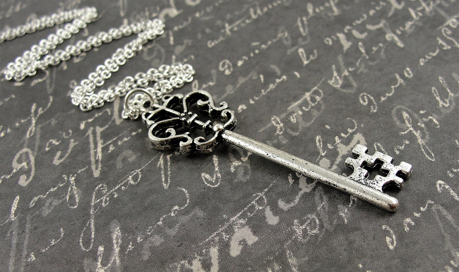 Ornate Key Necklace - Silver Plated Pendant on a 22 inch Cable Chain
