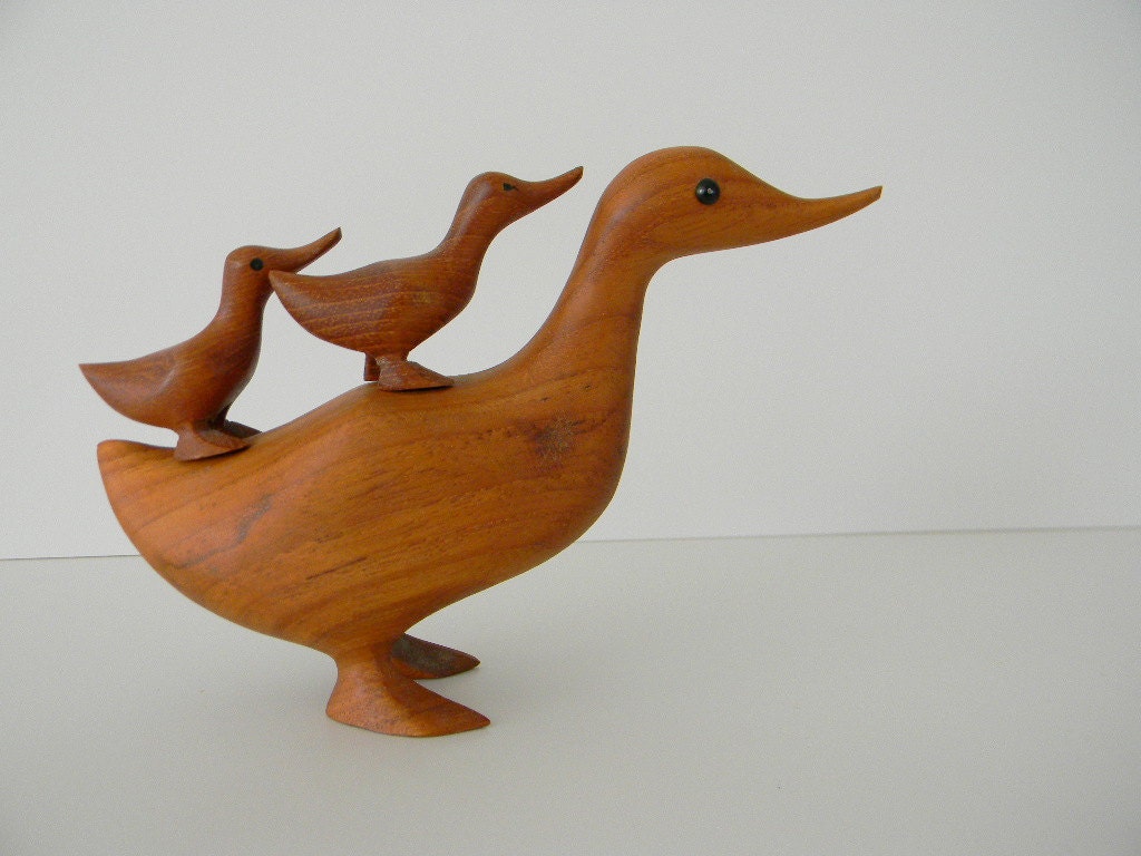 Three Scandinavian Wooden Duck and Ducklings Trio