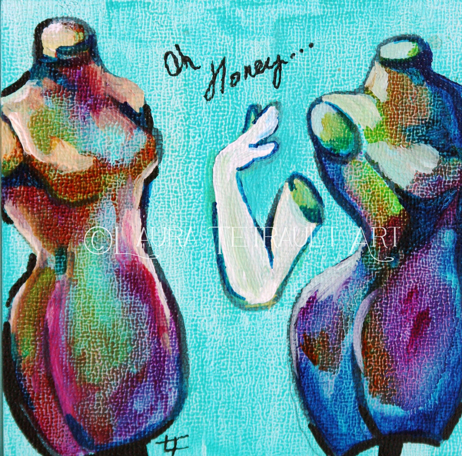 Original  Illustration, Teal Blue, Coppery Orange and Fuschia Pink Dress Form Painting-  4x4 Inches (10.2 x 10.2 cm) Acrylic on Wood Panel
