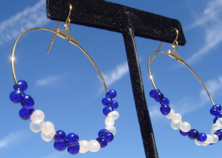 White and Blue Beaded Hoops
