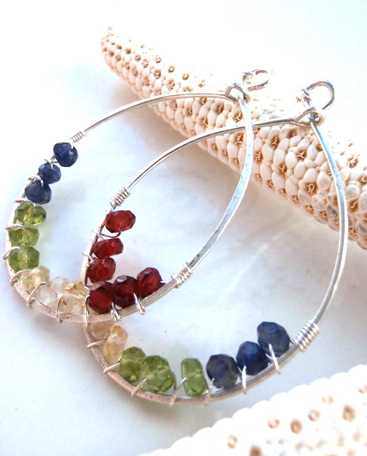 faceted garnet, citrine, peridot and iolite & sterling silver 'prism' earrings