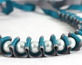 Turquoise and Grey Ribbon and Pearl Pleated Necklace