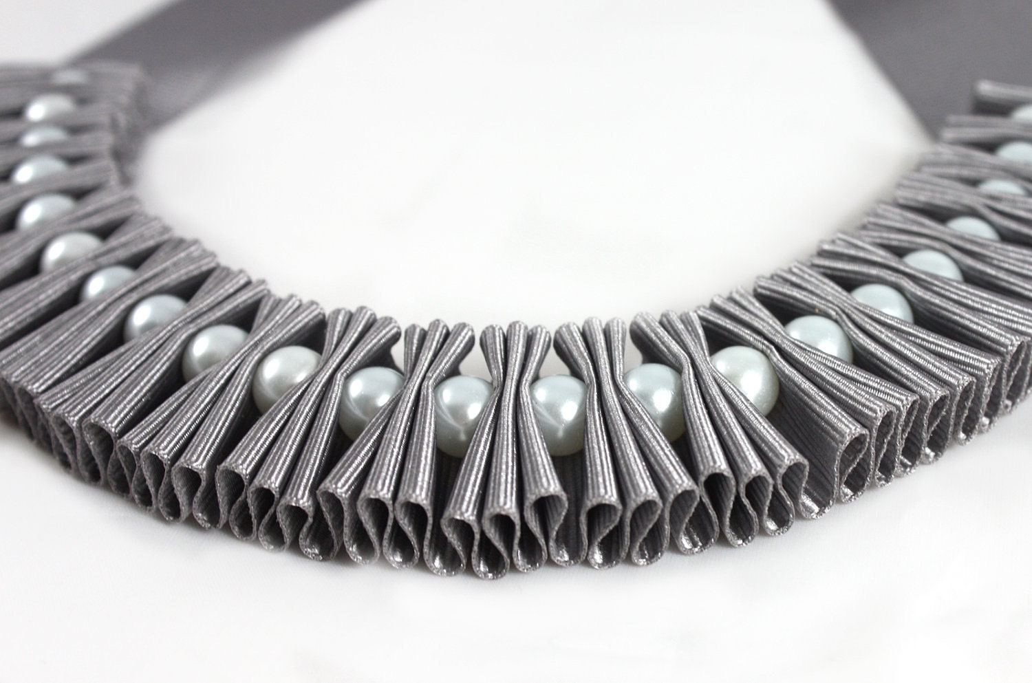 Petite Ribbon and Pearl Pleated Bib Necklace