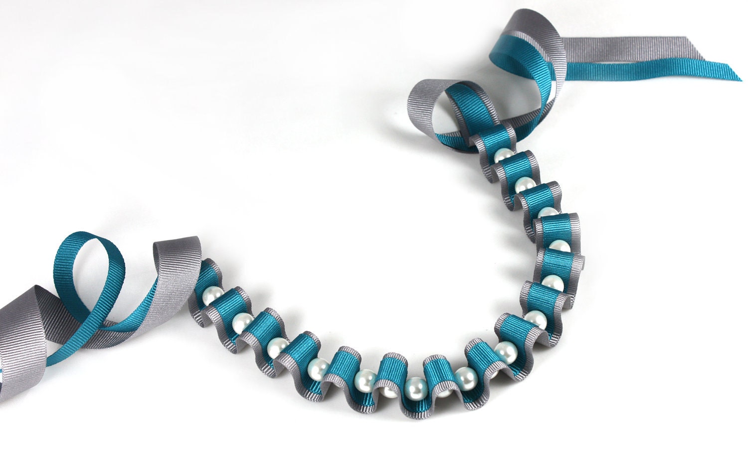 Ribbon Necklace - Turquoise and Grey Ribbon and Pearl Necklace