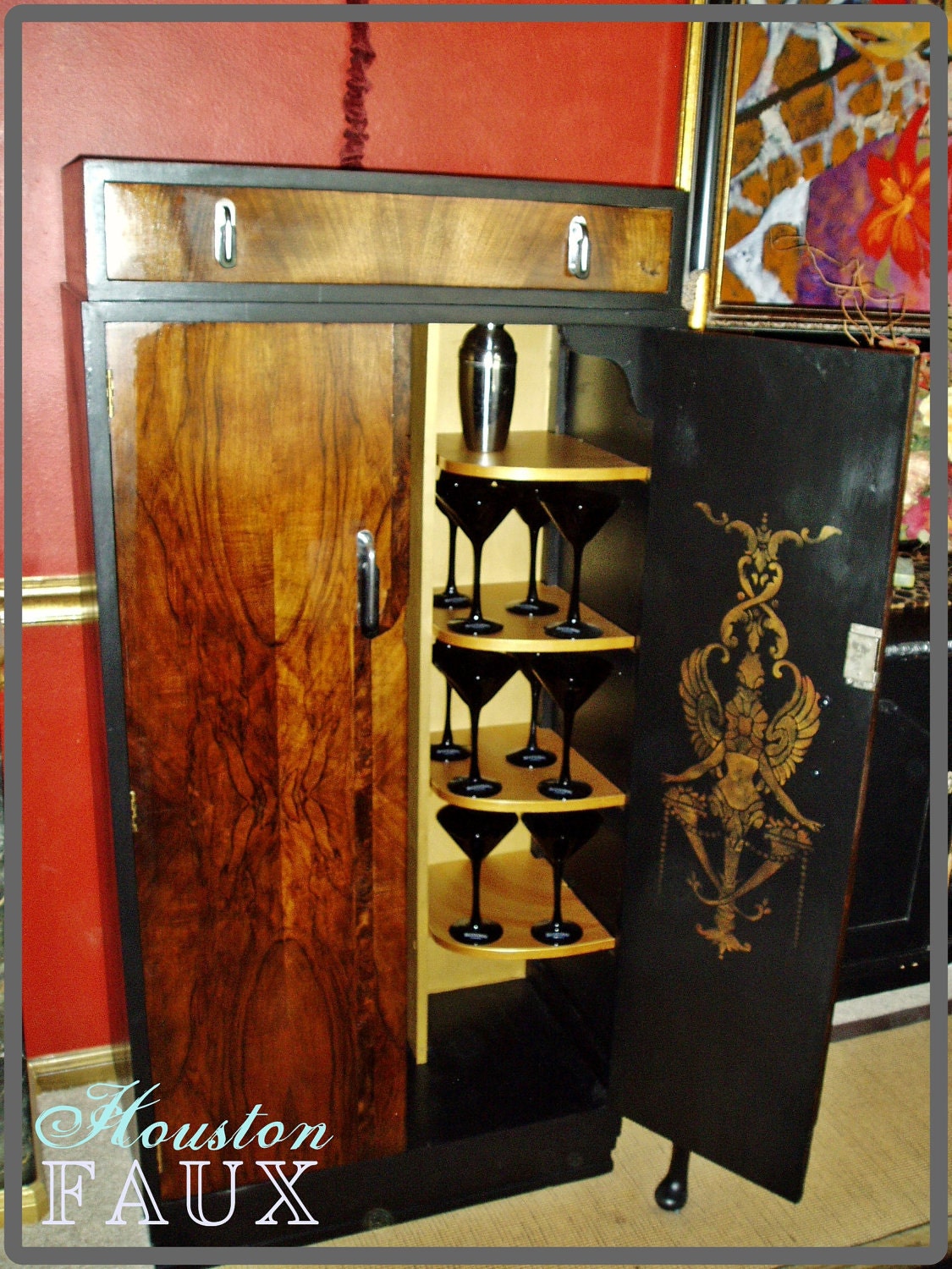 AVAILABLE .. ART Deco Entertaining Bar Cabinet Armoire Storage Display