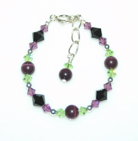 Halloween Bracelet SALE Cats Eye and Crystal BRACELET in Purple Black and Lime Green for ages 6mos-ADULT