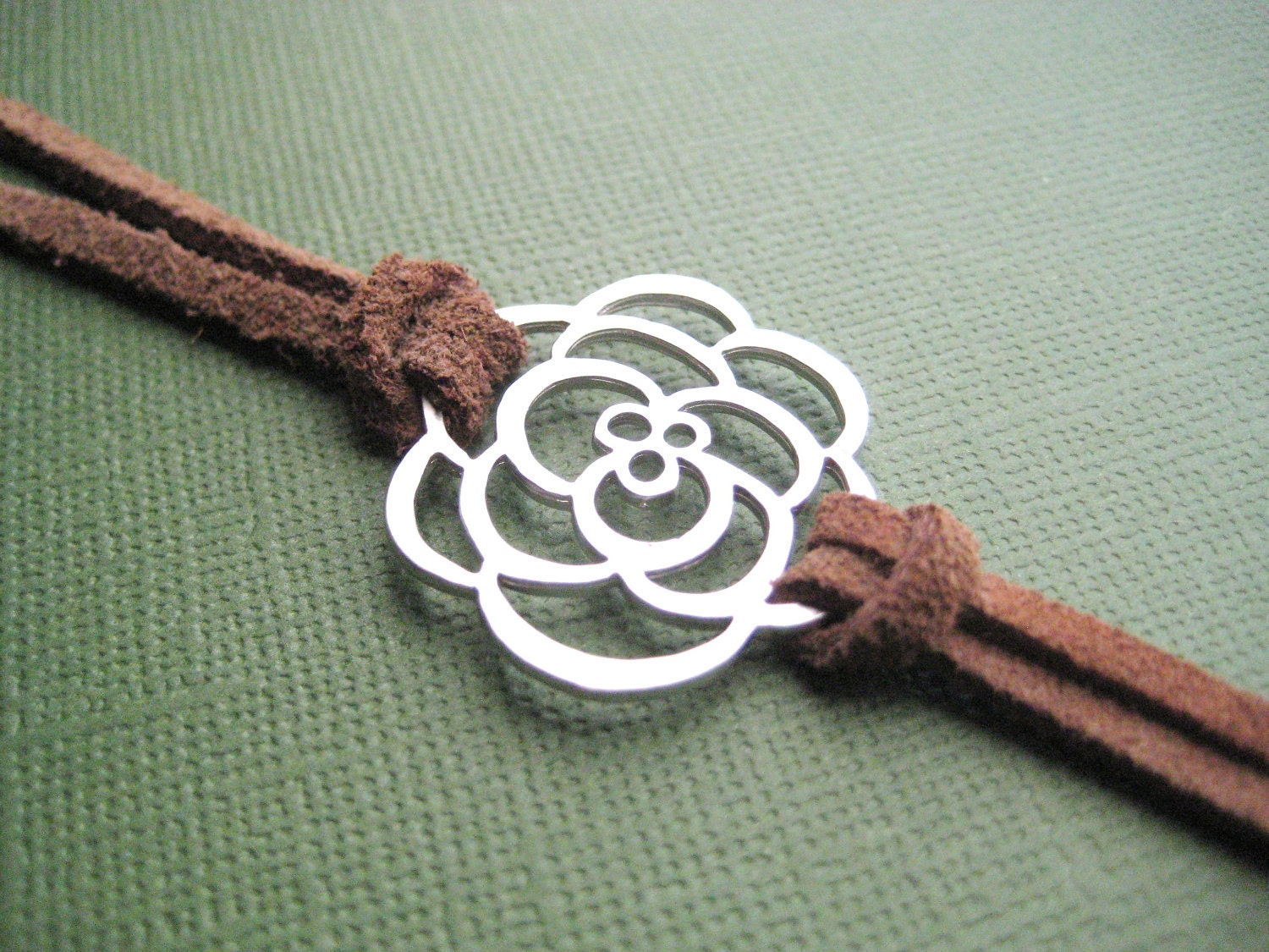 Leather Wrap bracelet, silver flower charm, brown leather wrap bracelet