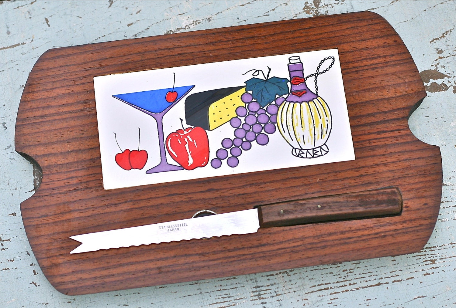 Vintage Cutting Board  And Knife Japan Fruit Motif