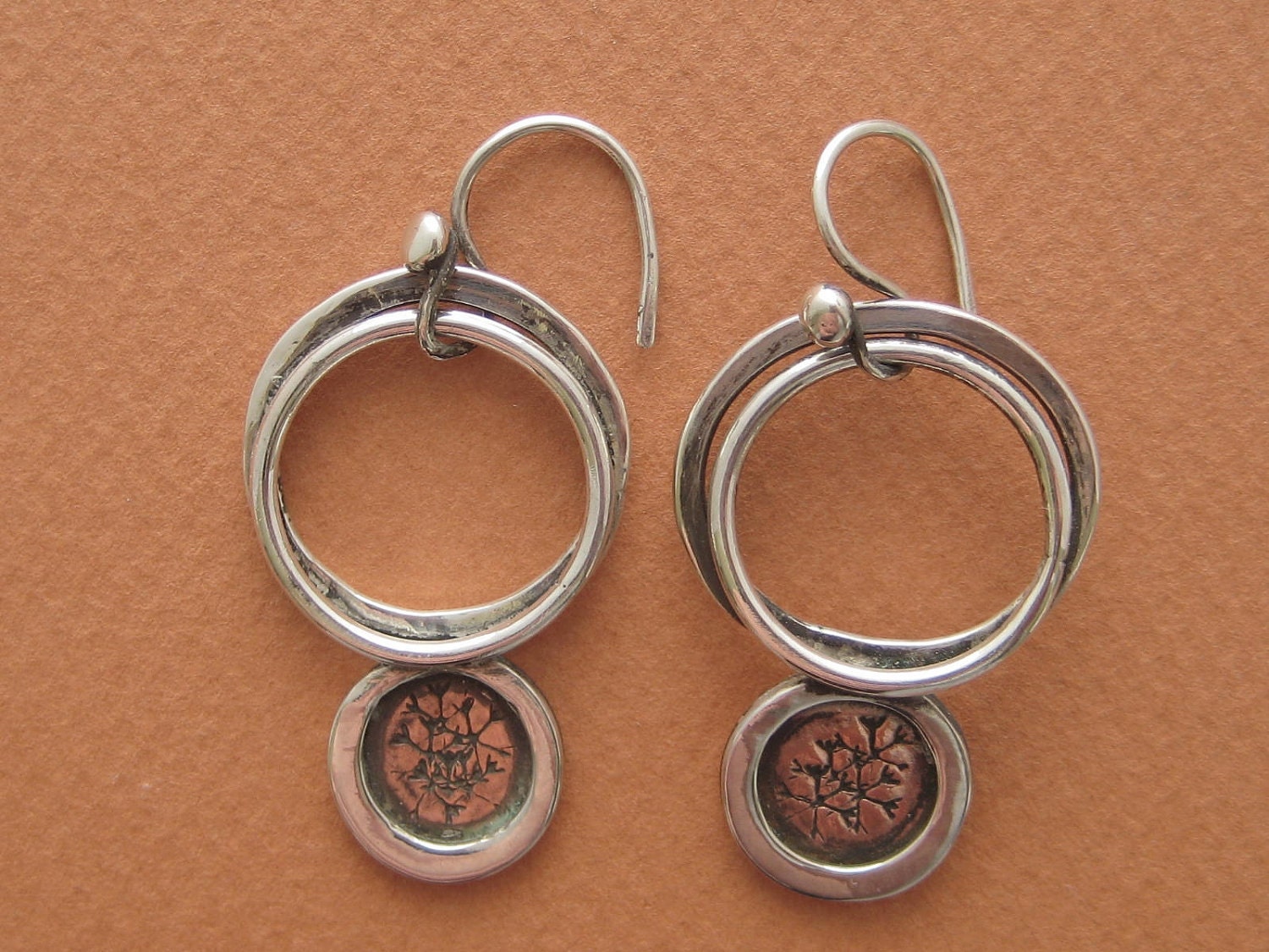 Copper, Forged Sterling Silver Earrings