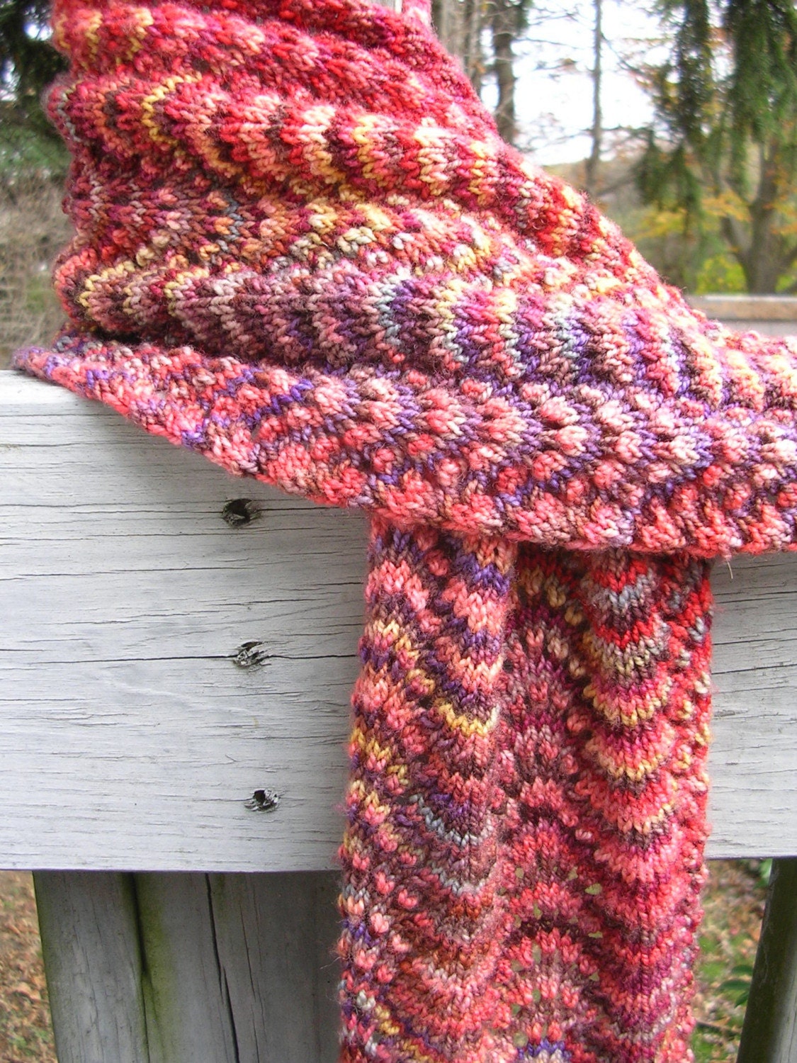 Handknit Pink Sunset Lacy Feather and Fan Merino Scarf