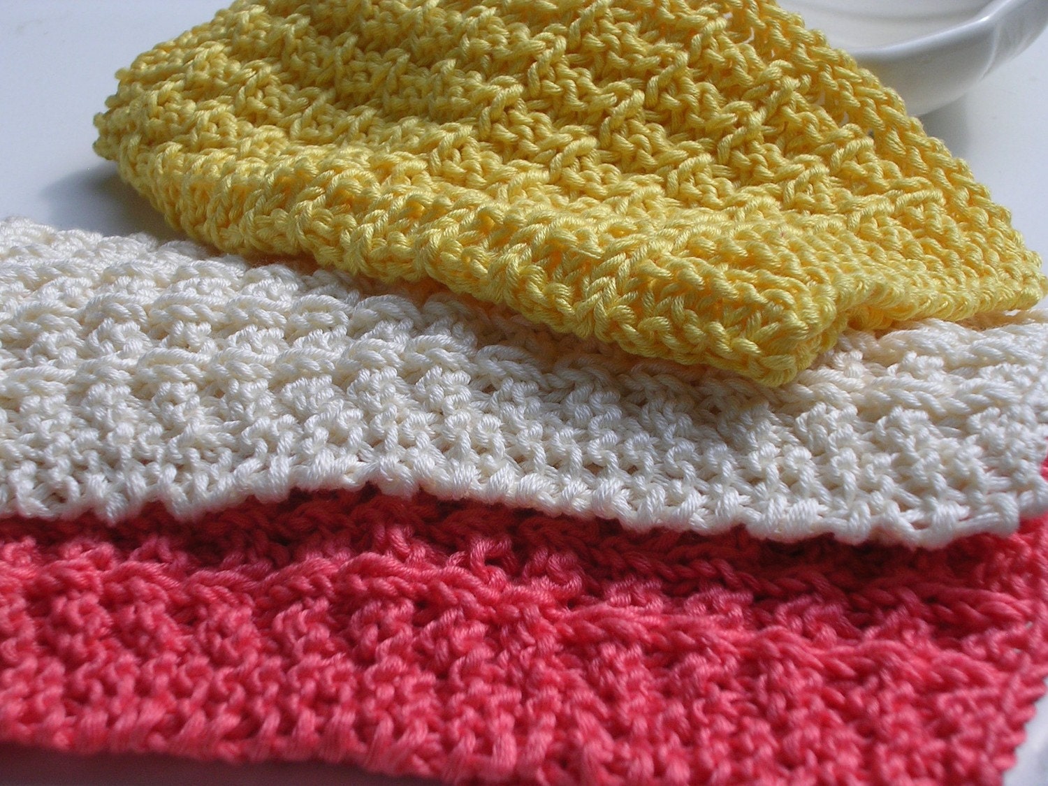 Hand Knit Cotton Face Cloths in White, Coral and Yellow (3)
