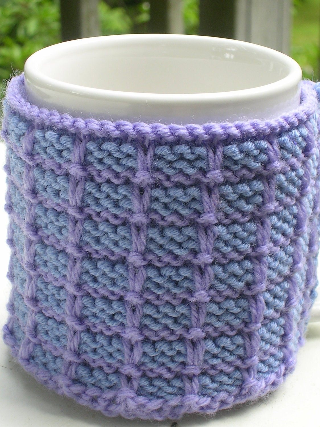Handknit Blue and Purple Squares Cup Cozy