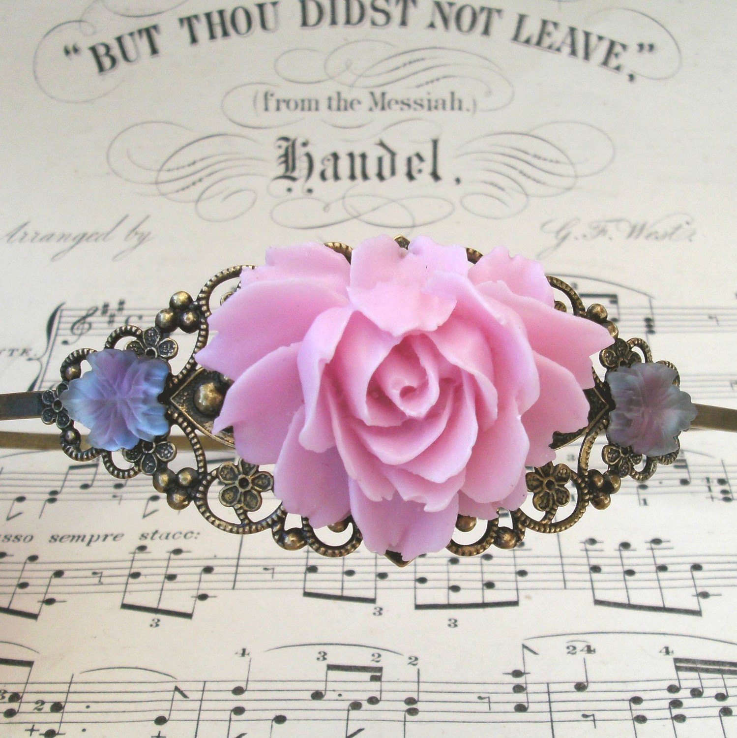Sweet Roses Headband in Antiqued Brass with Pink Blossom & Vintage Glass Leaves SALE
