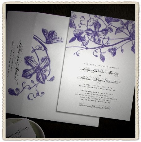 Wedding Invitation Sample, Floral Clematis Vines in Blue