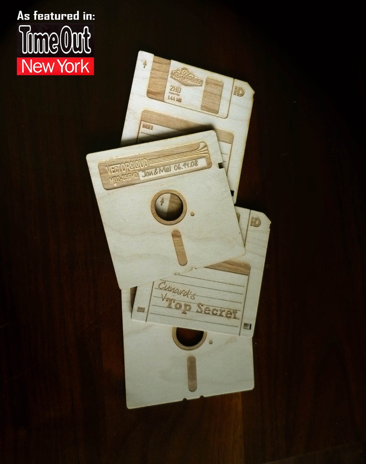 Floppy Disk Coasters (w/custom engraving) by Vectorcloud