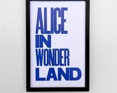 Blue Alice in Wonderland Typography Poster, 11 x 17 Letterpress Print