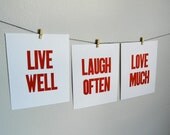 Simple Letterpress Prints, Live Well, Laugh Often, Love Much (Set of 3), Red and White