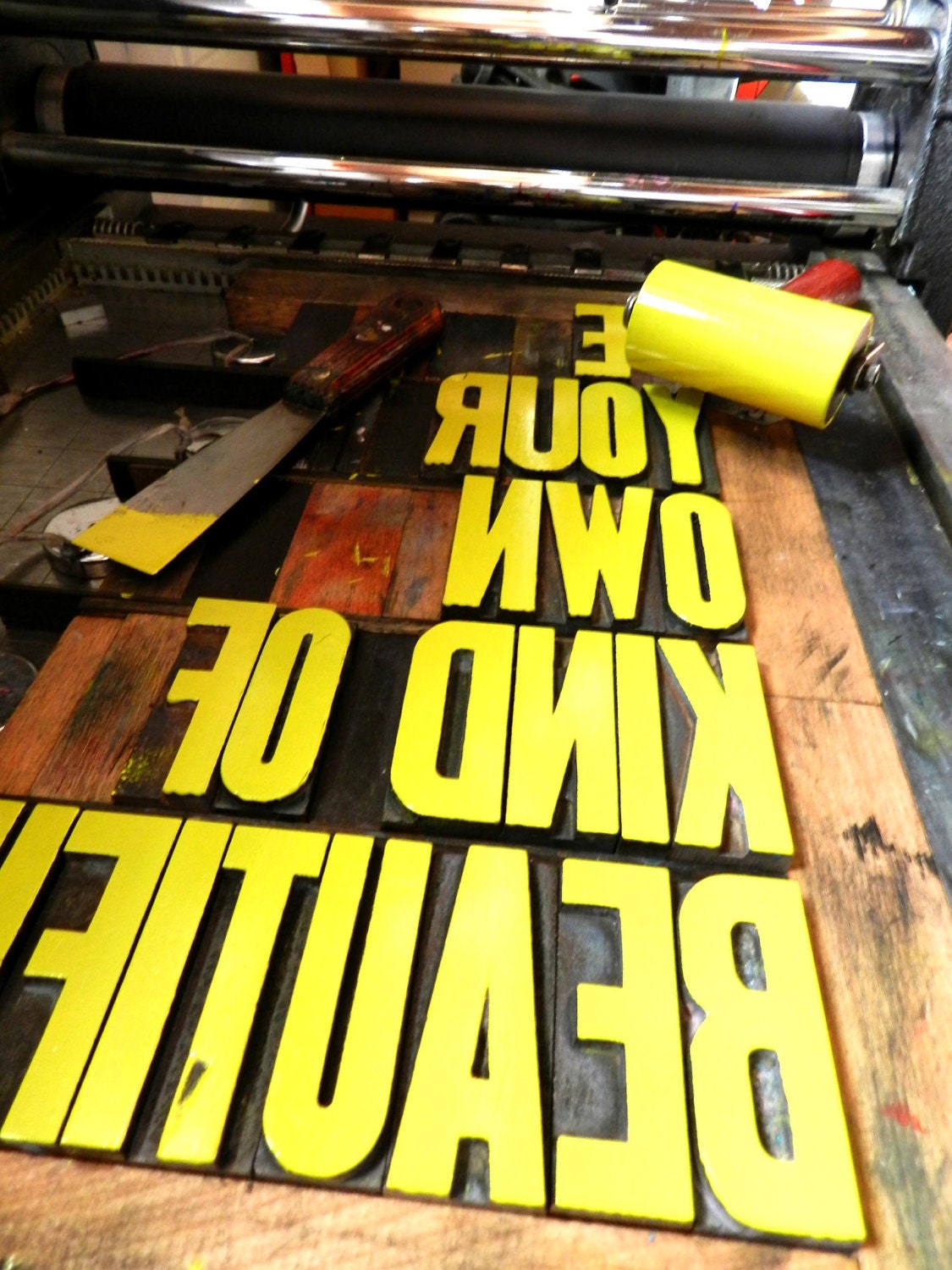 11 x 17 Poster, Be Your Own Kind of Beautiful Letterpress Print , Yellow Green