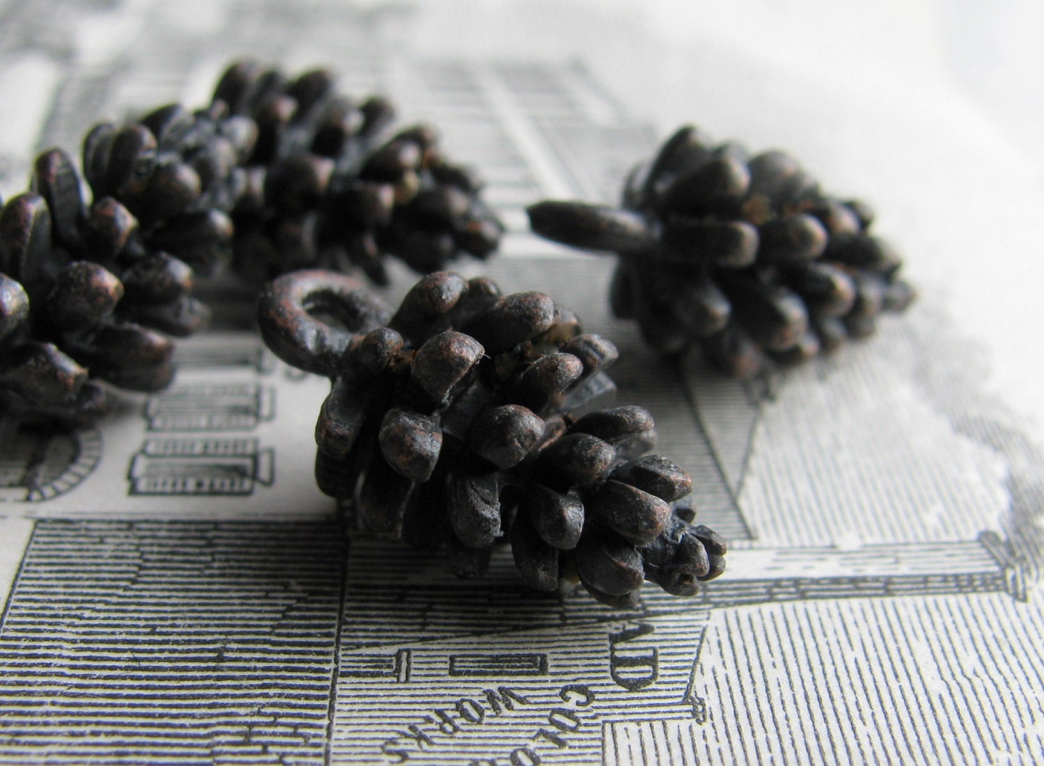 Little black pine cone charms from Bad Girl Castings, 18mm, antiqued dark pewter  (4 pinecones) aged, oxidized patina, autumn, fall, forest