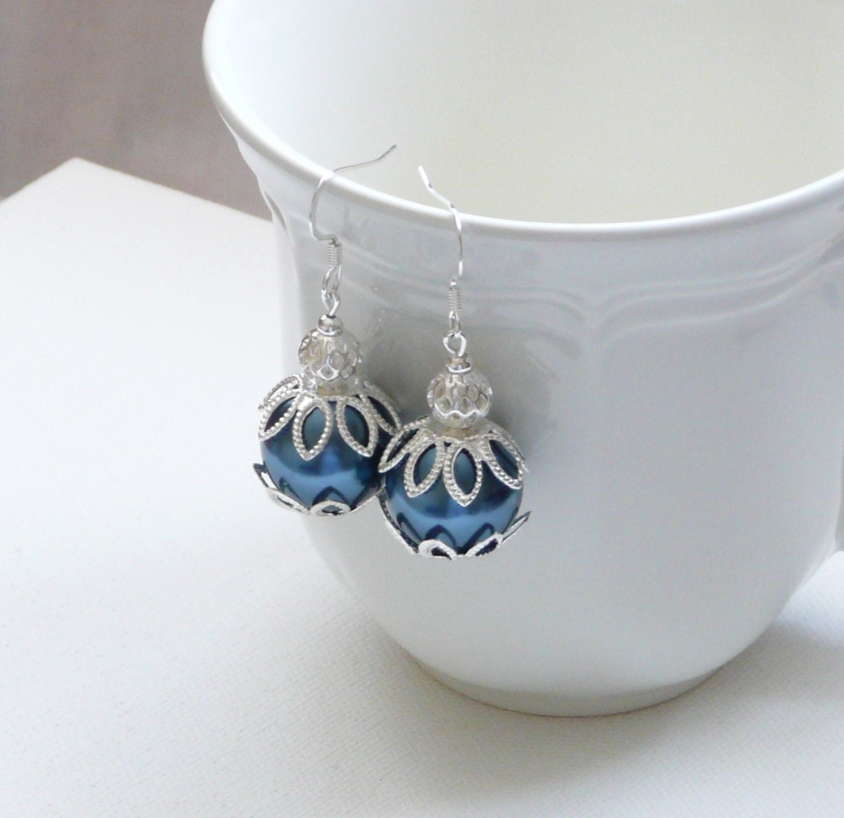 Large Blue and Silver Glass Pearl Dangle Earrings