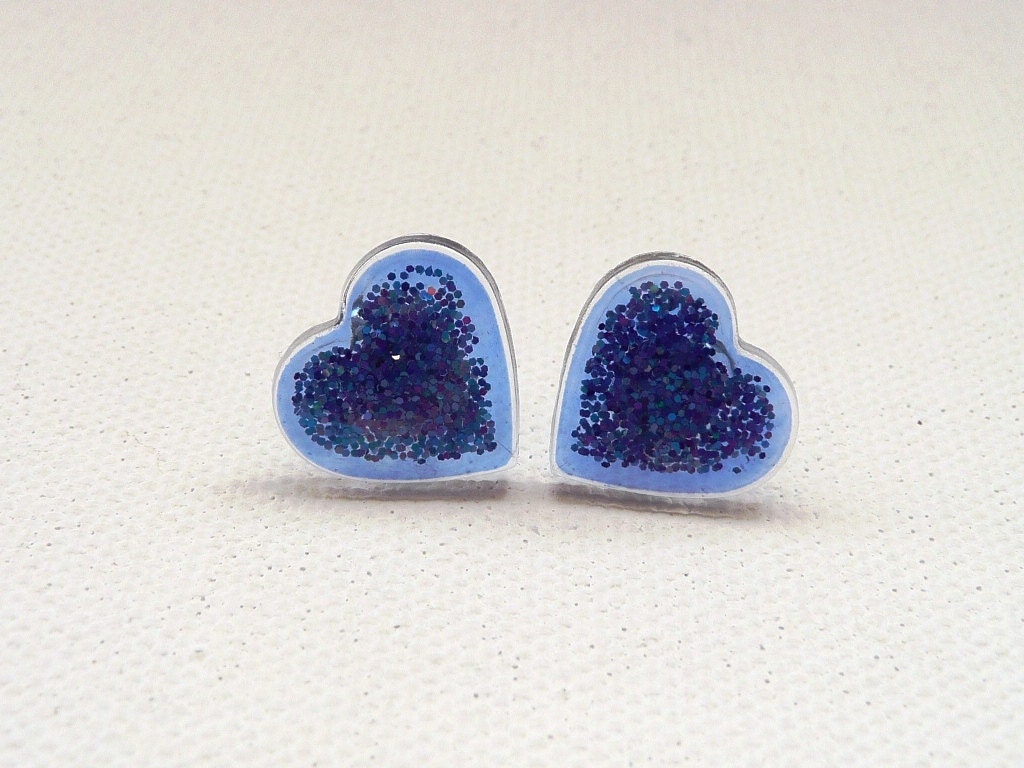 Small Sparkly Blue Heart Stud Earrings