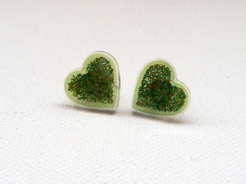 Small Sparkly Green Heart Stud Earrings