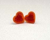 Small Sparkly Orange Heart Stud Earrings