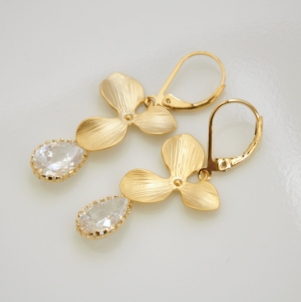 Gold Orchid Earrings Cubic Zirconia Drops