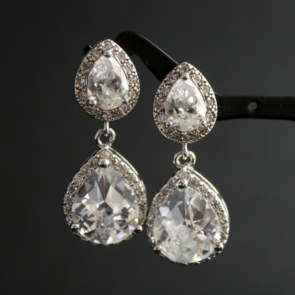 Wedding Jewelry Bridal Earrings Silver Clear Cubic Zirconia Posts with Clear Cubic Zirconia Teardrop Earrings Wedding Earrings