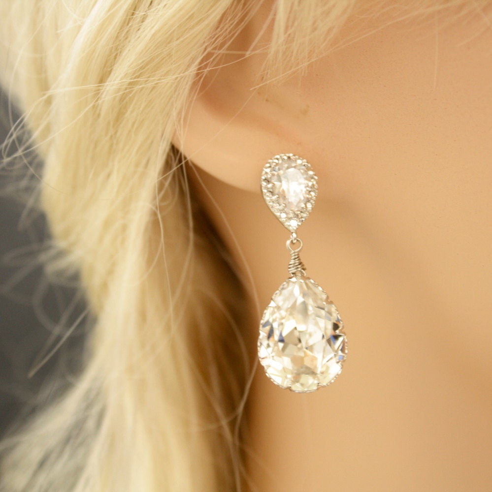 Wedding Earrings Bridal Earrings with Clear Swarovski Teardrop on Cubic Zirconia Silver Posts Bridesmaid Earrings