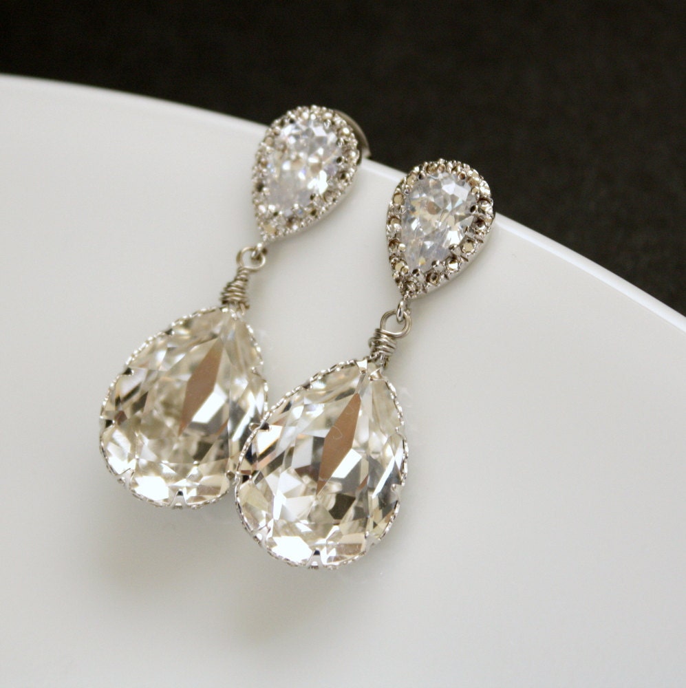Wedding Earrings Bridal Earrings with Clear Swarovski Teardrop on Cubic Zirconia Silver Posts Bridesmaid Earrings